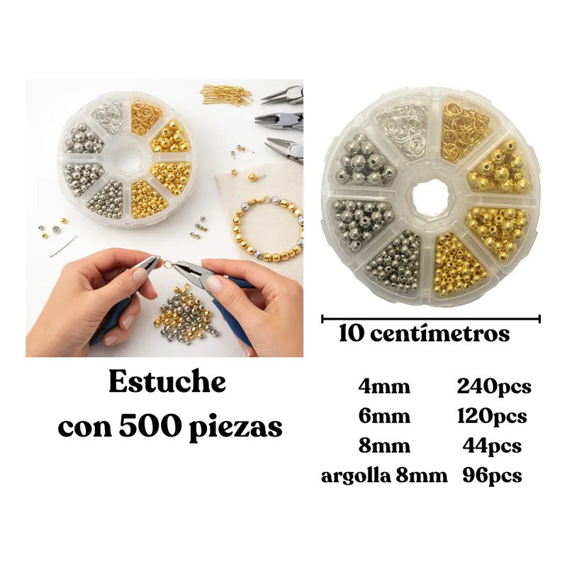 Kit Cuentas Bola Lisa Acrílica Para Bisutería Con Estuche 500 Piezas