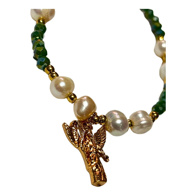 Pulsera San Rafael Chapa De Oro Con Perla Cultivada Y Dije Verde