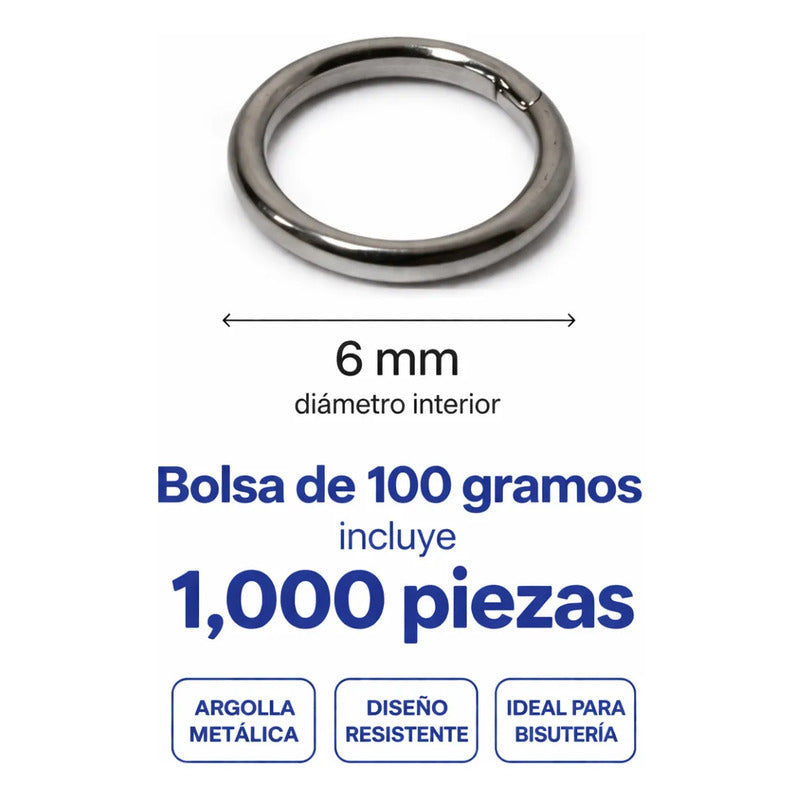 100 Gramos Argollas Metálicas Abiertas Bisutería Plateado-6mm
