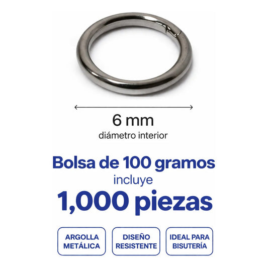 100 Gramos Argollas Metálicas Abiertas Bisutería Plateado-6mm
