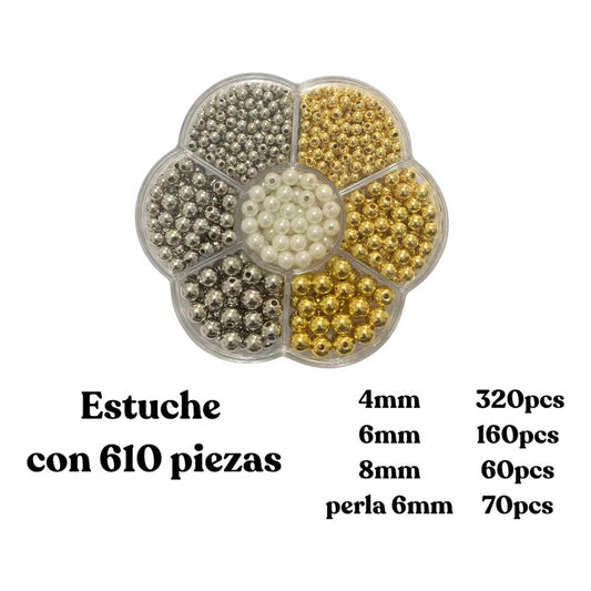 Kit Cuentas Bola Lisa Acrílica Para Bisutería Con Estuche 610 Piezas