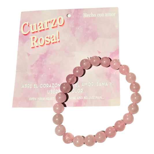 Pulsera De Cuarzo Rosa Tallado 8mm Amor Protección Rosa 12 Cm