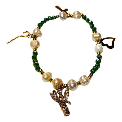 Pulsera San Rafael Chapa De Oro Con Perla Cultivada Y Dije Verde