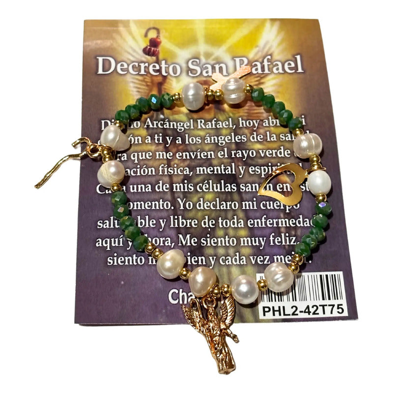 Pulsera San Rafael Chapa De Oro Con Perla Cultivada Y Dije Verde
