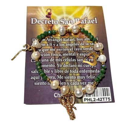 Pulsera San Rafael Chapa De Oro Con Perla Cultivada Y Dije Verde