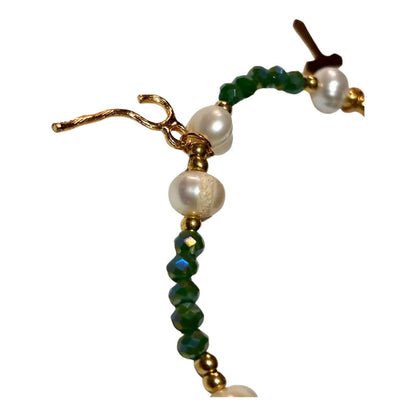 Pulsera San Rafael Chapa De Oro Con Perla Cultivada Y Dije Verde