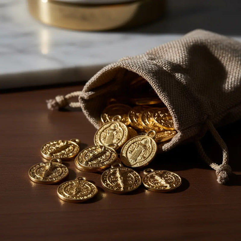 60 Piezas Abalorio Medalla Metálica Chica San Benito Dorado